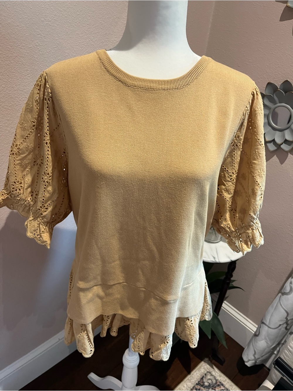 English Factory Mustard Lace Puff Sleeve Knit Top